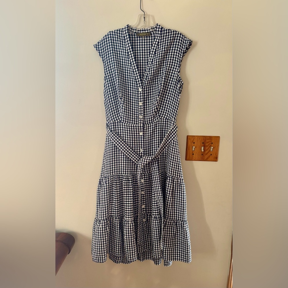 Navy and White Ruffled V-Neck Midi Sundress